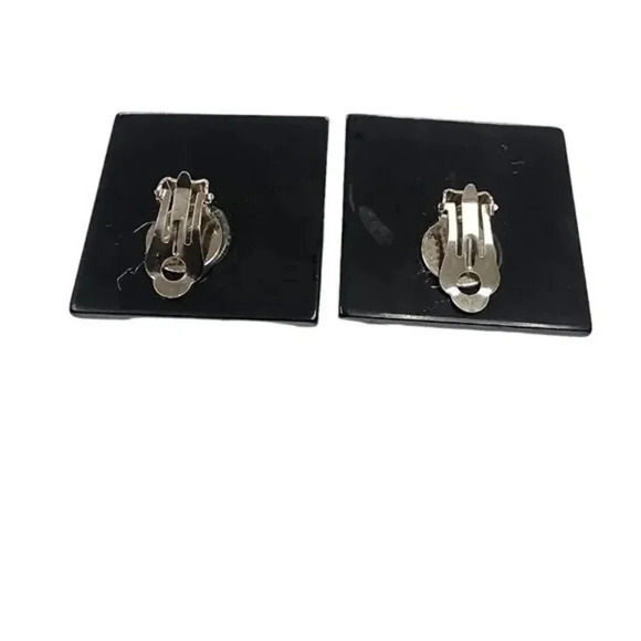 Vintage Square Acrylic Round Polka Dot Clip-On Earrings Black and White - Picture 2 of 2